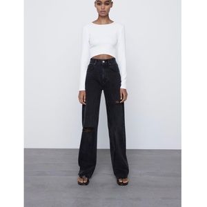Zara wide leg full length ripped jeans